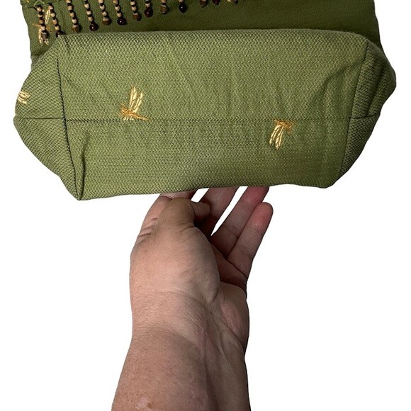 Green Canvas Boho Purse Bag Embroidered Dragonfly Wood Bead Snap Close Unbranded - Picture 8 of 9